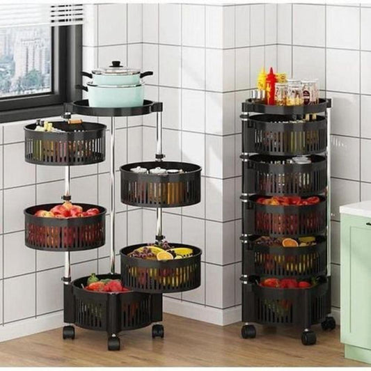 5- Tier Stylish Plastic Fruit Basket - Rotating Moveable Multi-Tier Round plastic Baskets and steel Rods Vegetable & Fruit Organizer Rack for Kitchen Storage Baskets