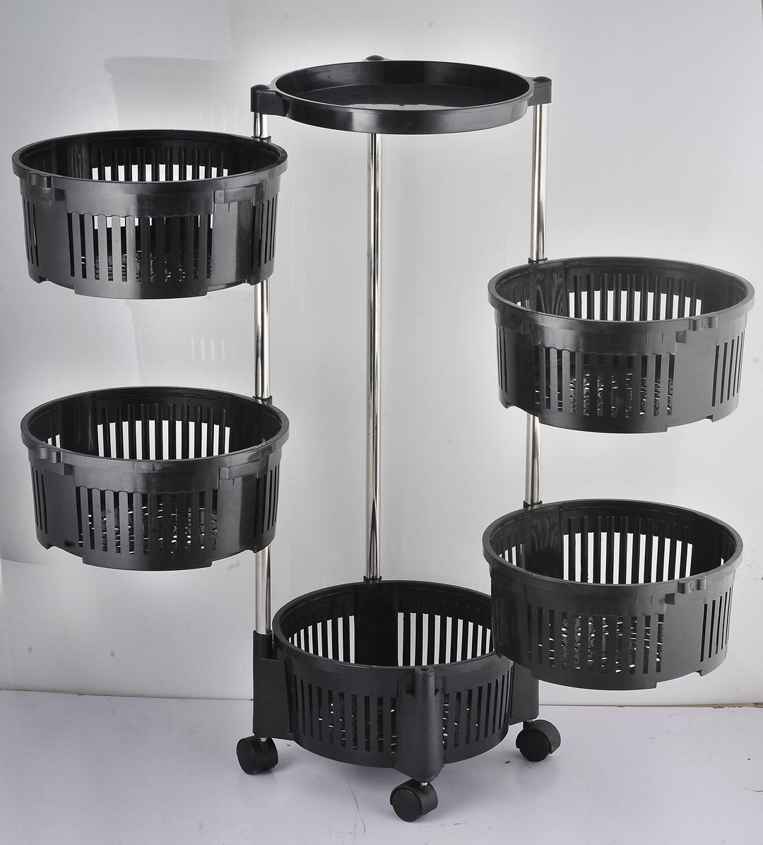 5- Tier Stylish Plastic Fruit Basket - Rotating Moveable Multi-Tier Round plastic Baskets and steel Rods Vegetable & Fruit Organizer Rack for Kitchen Storage Baskets