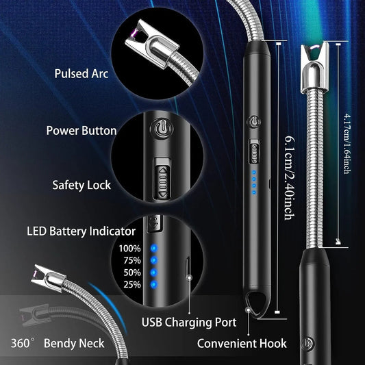 Rechargeable Electric Arc Lighter with 360° flexible neck — flameless, windproof ignition for stoves, candles, BBQs & camping. USB rechargeable.