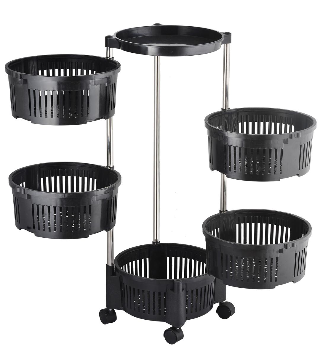 5- Tier Stylish Plastic Fruit Basket -  Rotating Moveable Multi-Tier Round plastic Baskets and steel Rods Vegetable & Fruit Organizer Rack for Kitchen Storage Baskets