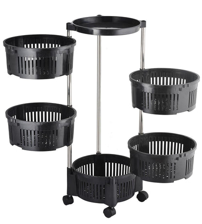 5- Tier Stylish Plastic Fruit Basket -  Rotating Moveable Multi-Tier Round plastic Baskets and steel Rods Vegetable & Fruit Organizer Rack for Kitchen Storage Baskets