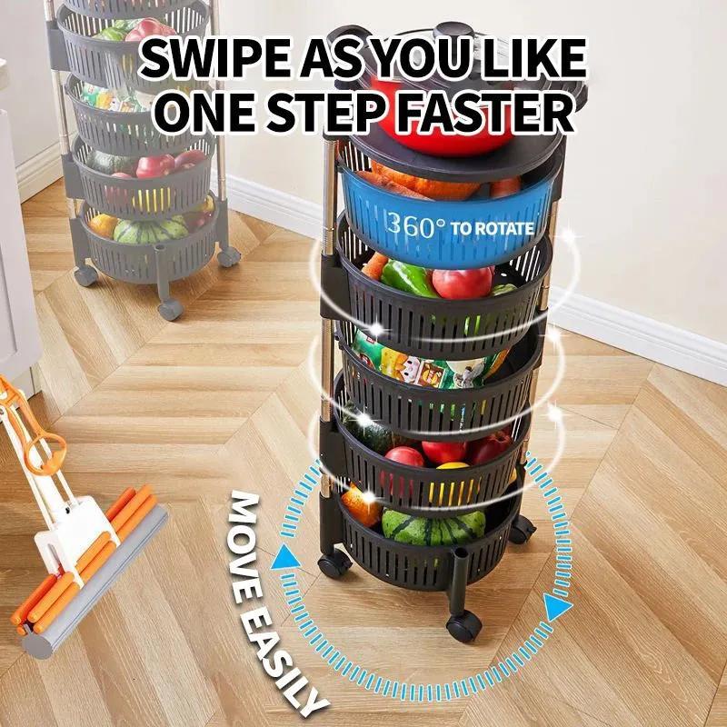 5- Tier Stylish Plastic Fruit Basket -  Rotating Moveable Multi-Tier Round plastic Baskets and steel Rods Vegetable & Fruit Organizer Rack for Kitchen Storage Baskets